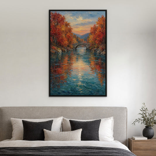 Teal Autumn Mirror, blue abstract hand-painted canvas wall art in a bedroom – Gallery 23