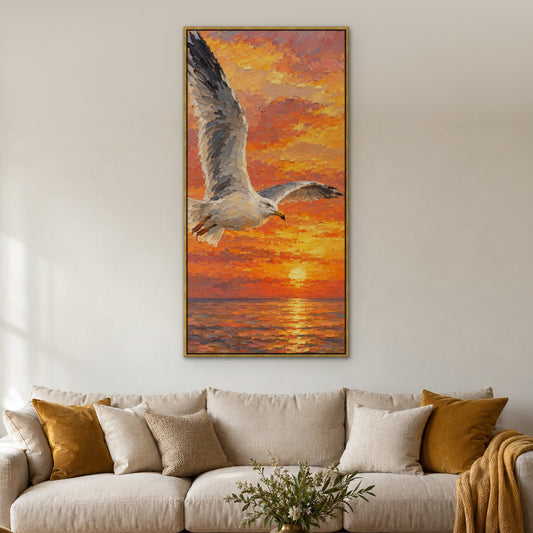 Seagull Sunset, blue seascape hand-painted canvas wall art in a living room – Gallery 23