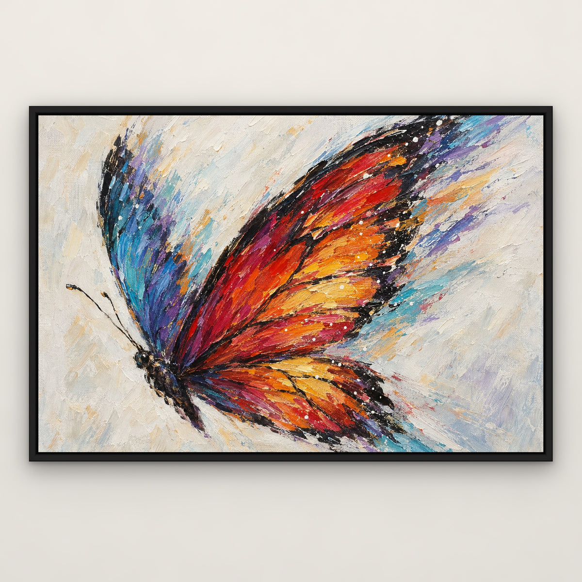 Prism Wings, colourful pop art hand-painted canvas wall art in a slim black float frame – Gallery 23