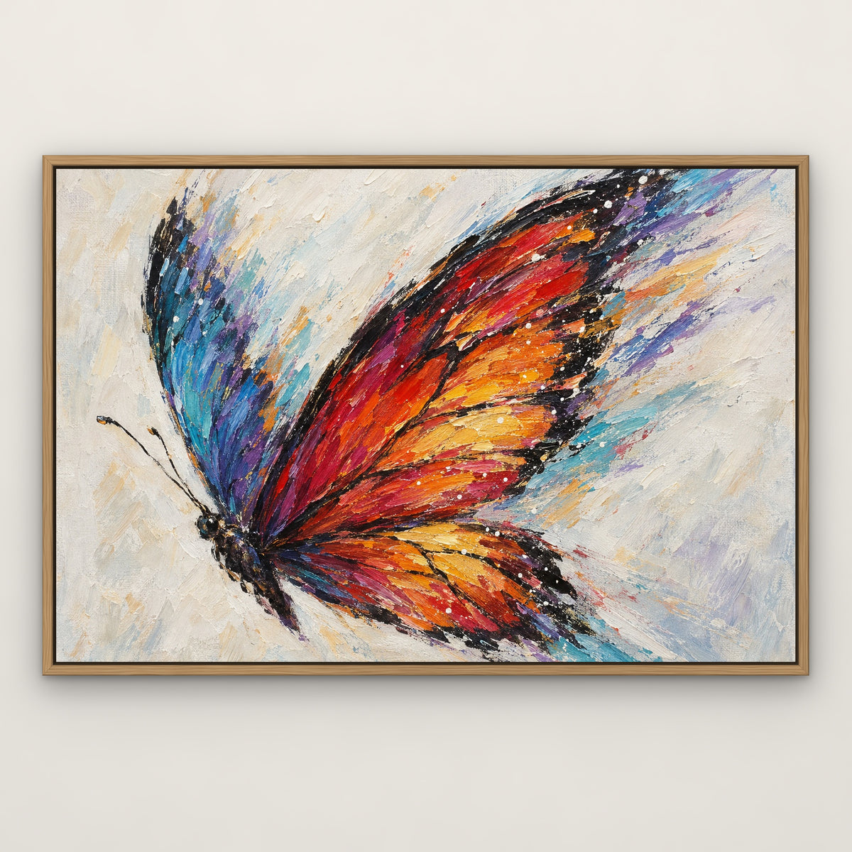 Prism Wings, colourful pop art hand-painted canvas wall art in a slim oak float frame – Gallery 23