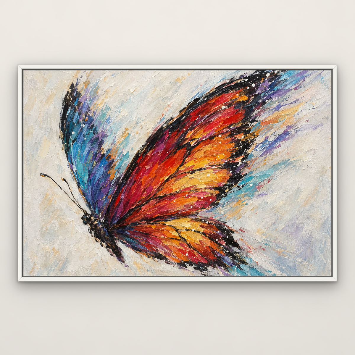 Prism Wings, colourful pop art hand-painted canvas wall art in a slim white float frame – Gallery 23