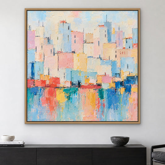 Pastel City Patchwork, colourful abstract hand-painted canvas wall art in a living room – Gallery 23