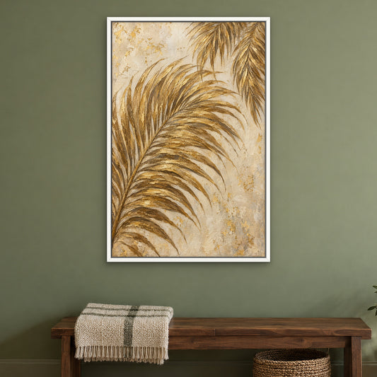 Golden Fronds, neutral botanical hand-painted canvas wall art in a bedroom – Gallery 23