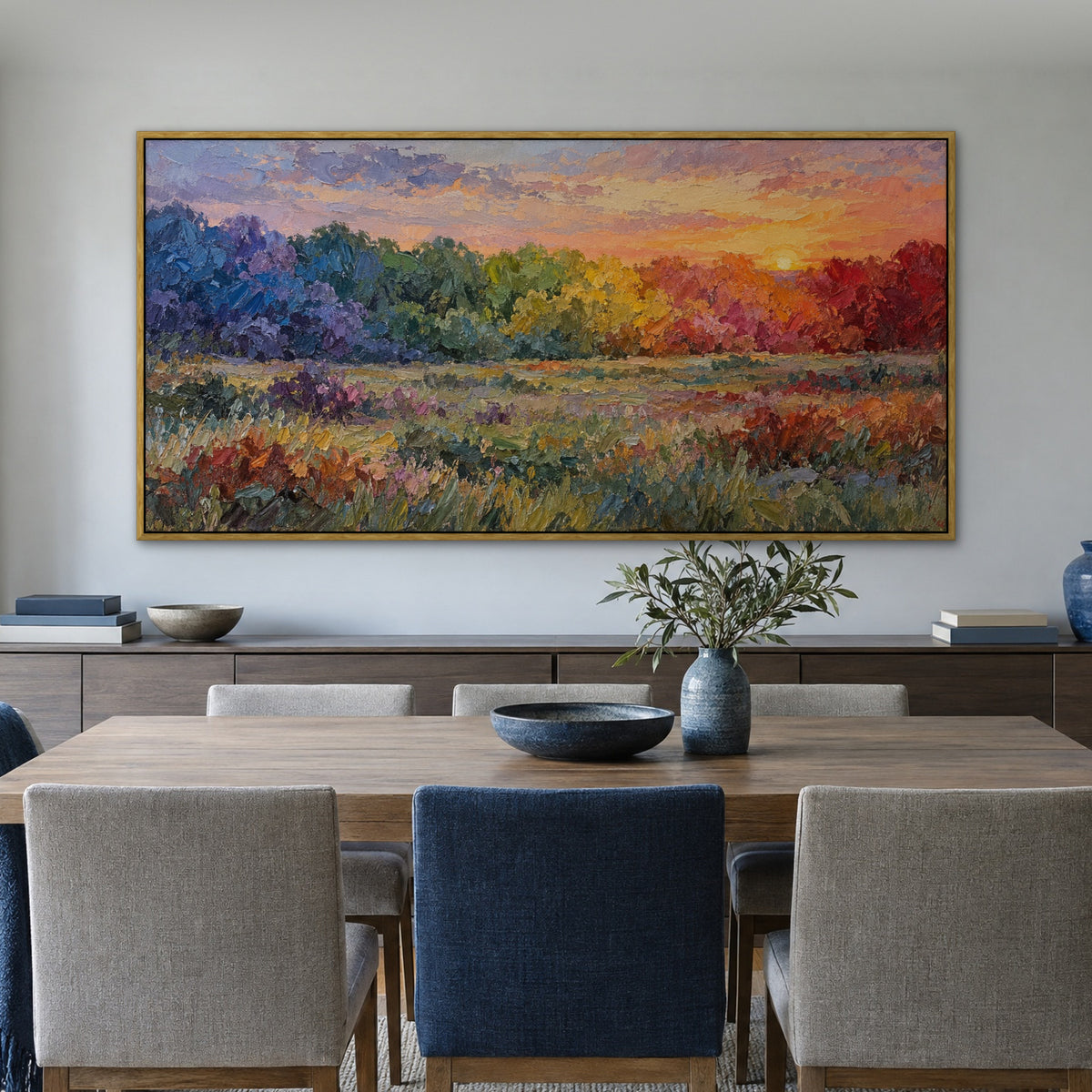 Rainbow Thicket, colourful landscape hand-painted canvas wall art in a dining room – Gallery 23