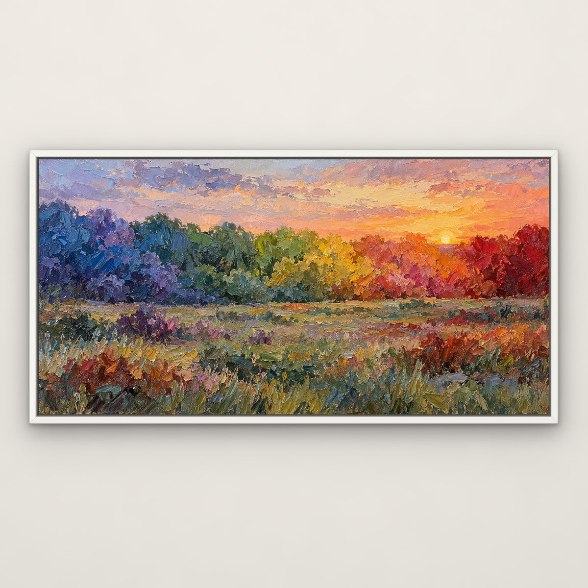 Rainbow Thicket, colourful landscape hand-painted canvas wall art in a slim white float frame – Gallery 23