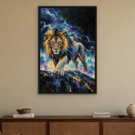 Electric Lion, colourful wildlife hand-painted canvas wall art in a living room – Gallery 23