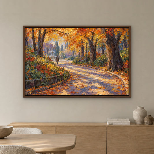 Golden Park Path, orange landscape hand-painted canvas wall art in a dining room – Gallery 23