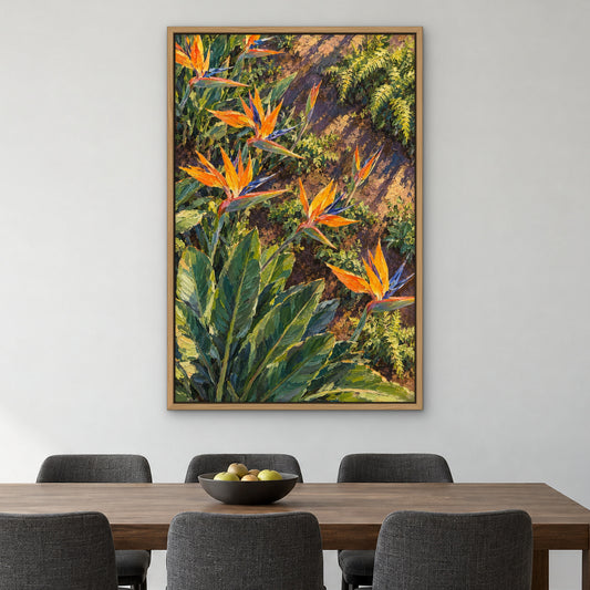 Birds of Paradise Garden, blue floral hand-painted canvas wall art in a dining room – Gallery 23