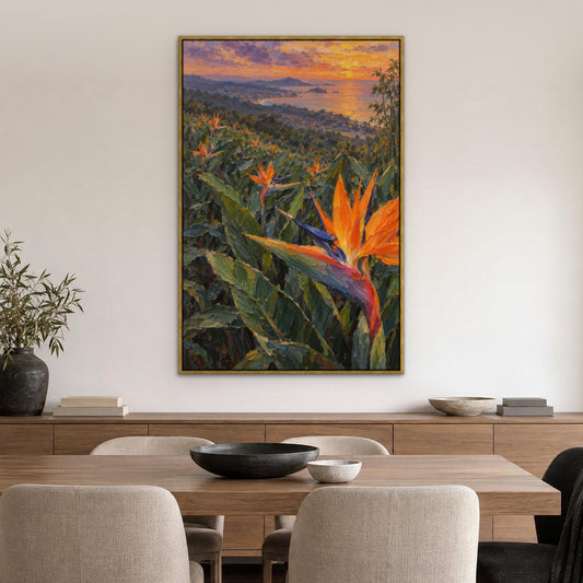 Bird of Paradise Grove, green floral hand-painted canvas wall art in a dining room – Gallery 23