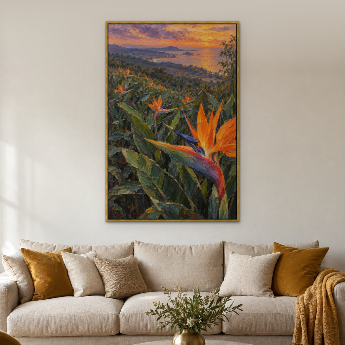 Bird of Paradise Grove, green floral hand-painted canvas wall art in a living room – Gallery 23