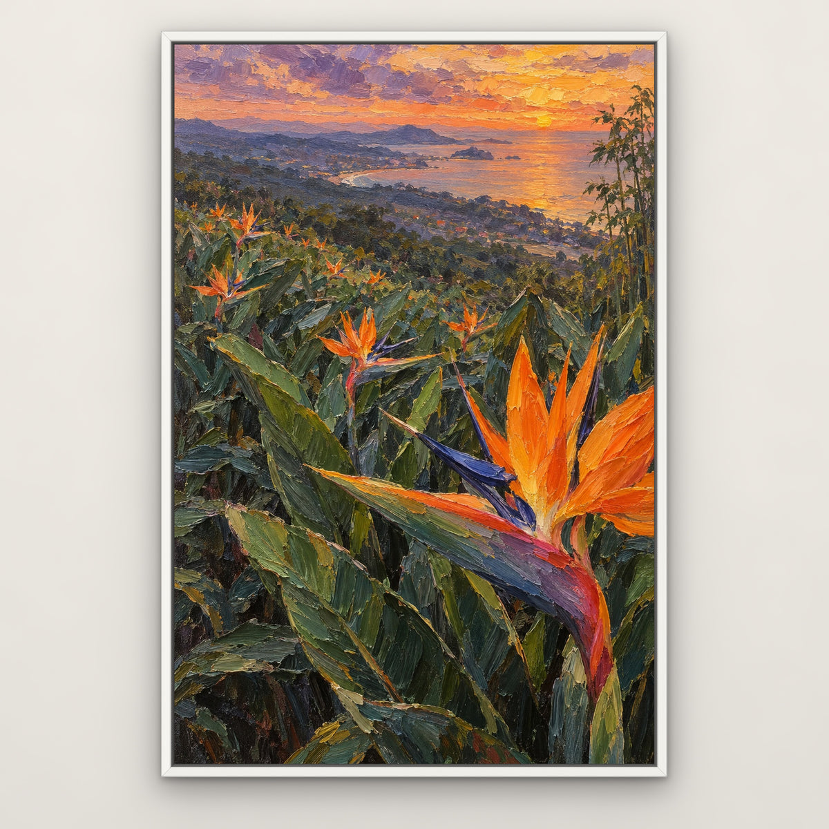 Bird of Paradise Grove, green floral hand-painted canvas wall art in a slim white float frame – Gallery 23
