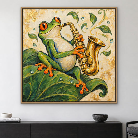 Serenading Frog, colourful pop art hand-painted canvas wall art in a living room – Gallery 23