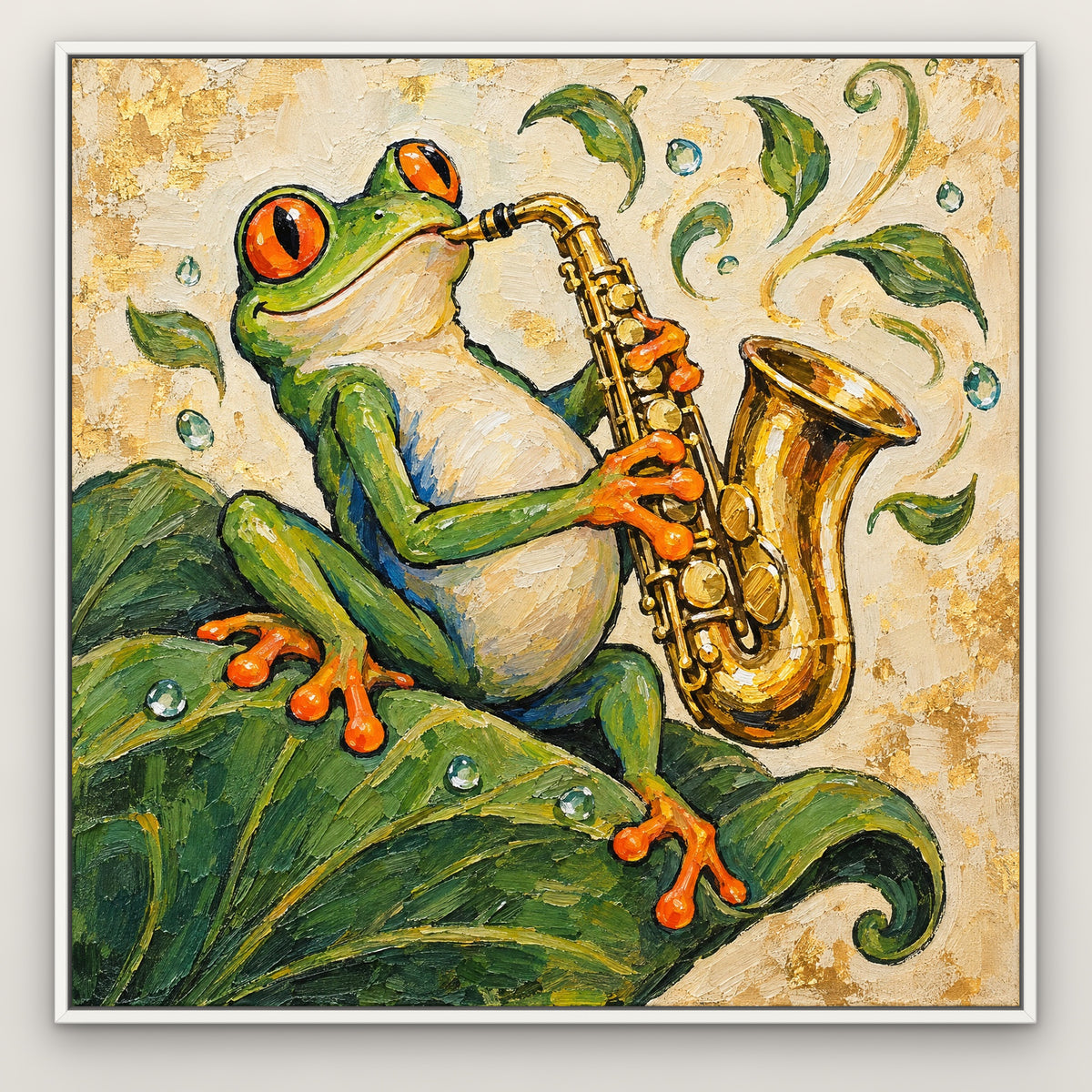 Serenading Frog, colourful pop art hand-painted canvas wall art in a slim white float frame – Gallery 23
