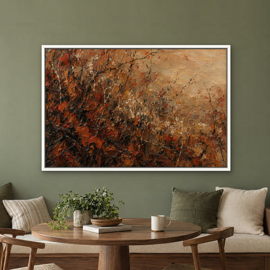 Rust Drip Thicket, red abstract hand-painted canvas wall art in a kitchen nook – Gallery 23