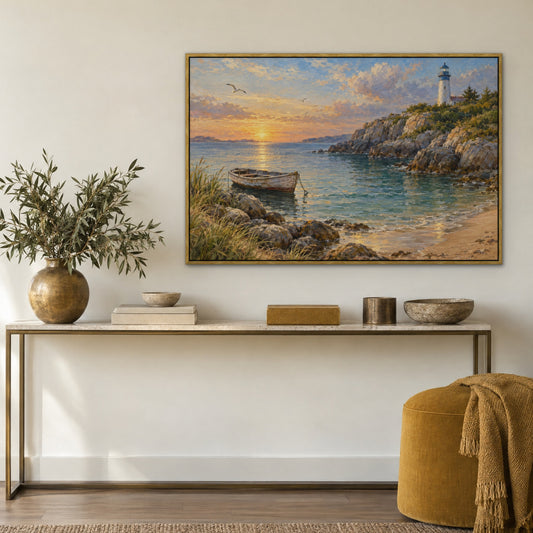 Lighthouse Cove, blue seascape hand-painted canvas wall art in a hallway – Gallery 23