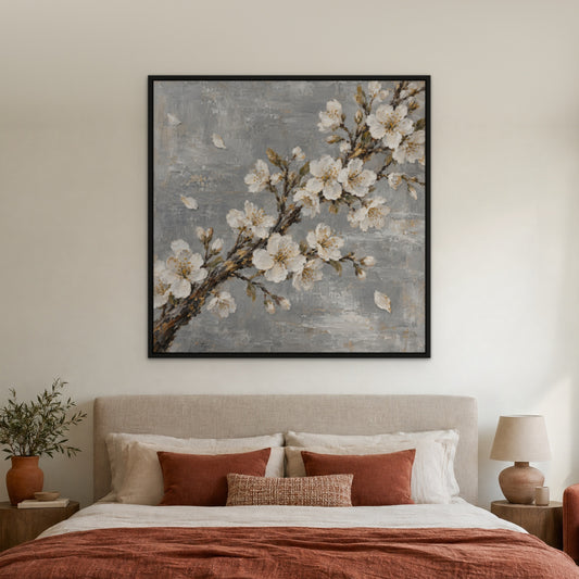 White Blossom Bough, gold floral hand-painted canvas wall art in a bedroom – Gallery 23