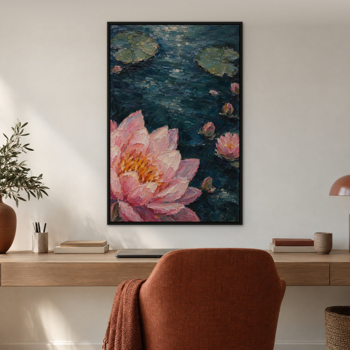 Pink Water Lilies, blue floral hand-painted canvas wall art in a home office – Gallery 23
