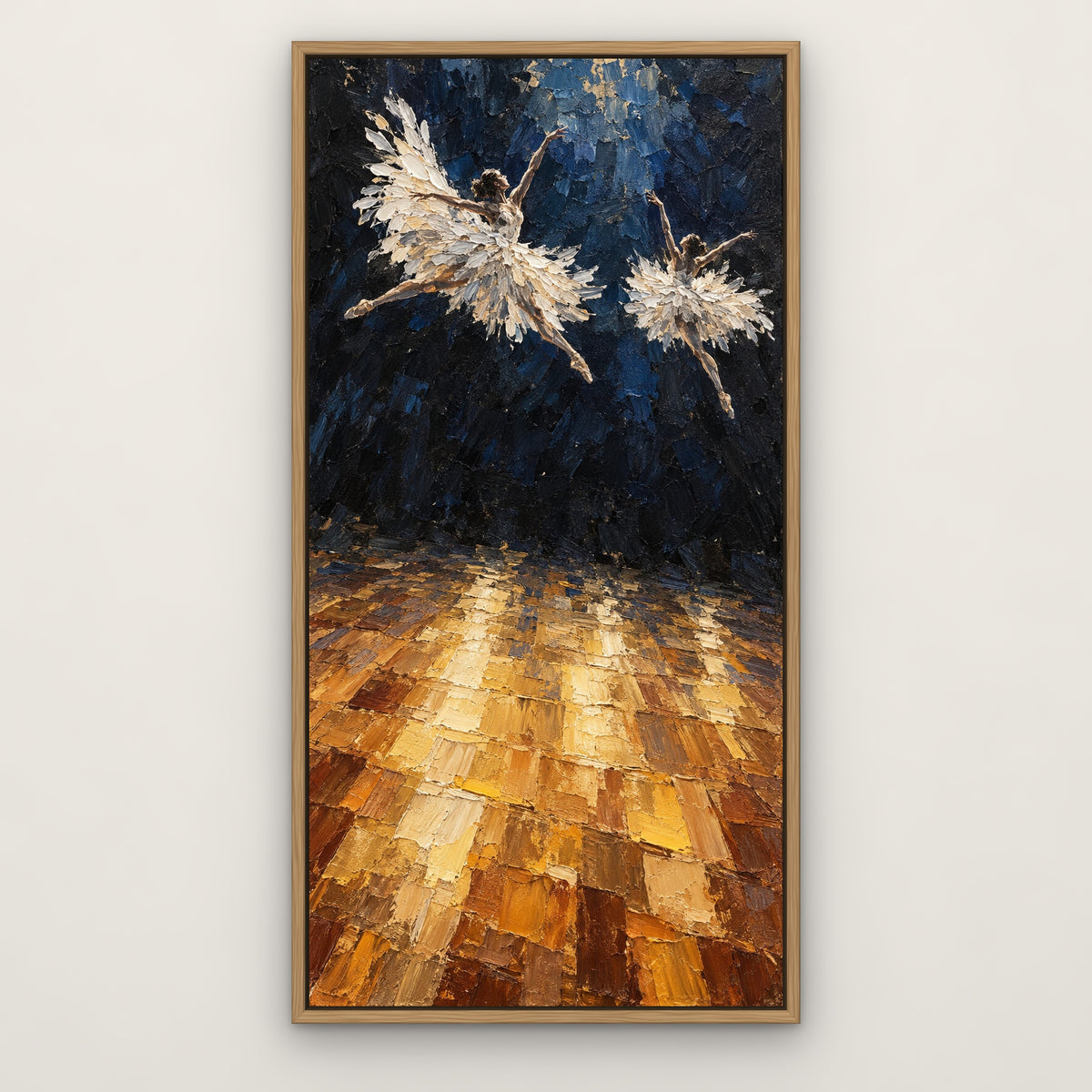 Feathered Ballerina, gold figurative hand-painted canvas wall art in a slim oak float frame – Gallery 23