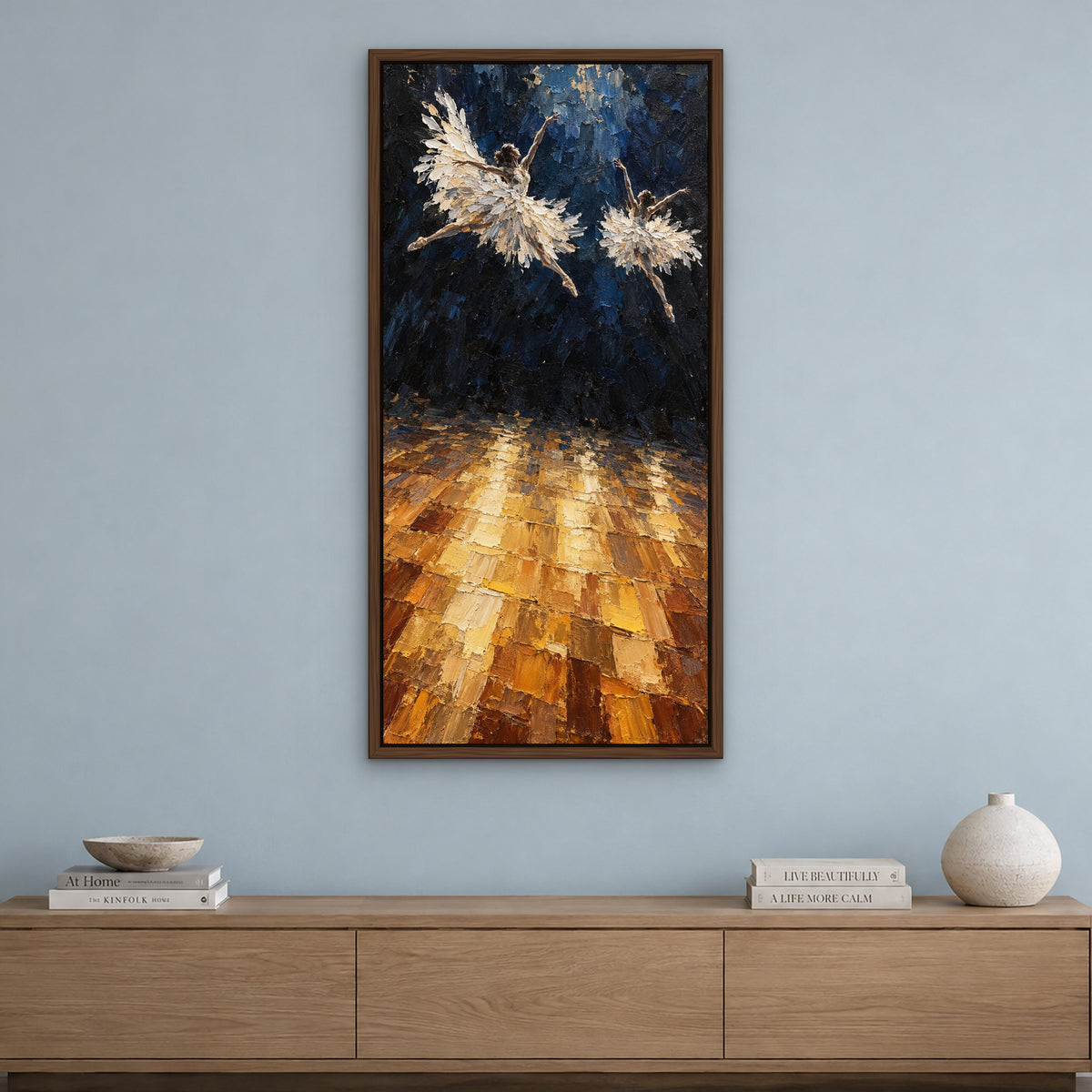 Feathered Ballerina, gold figurative hand-painted canvas wall art in a living room – Gallery 23