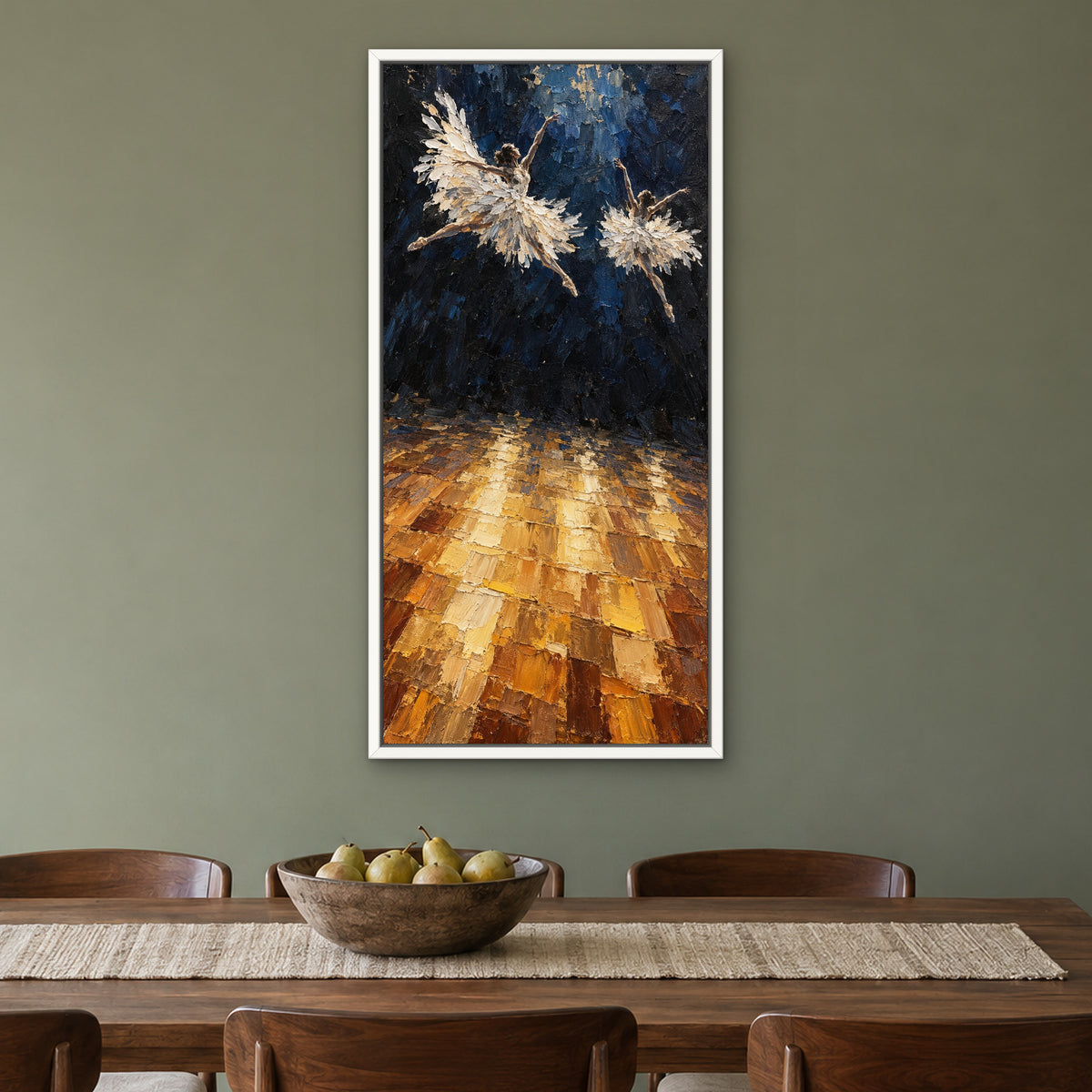 Feathered Ballerina, gold figurative hand-painted canvas wall art in a dining room – Gallery 23
