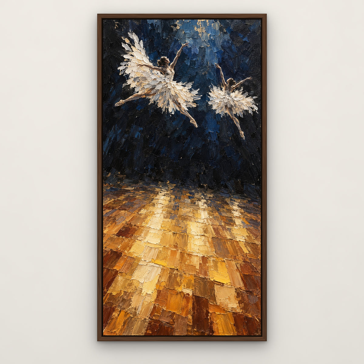 Feathered Ballerina, gold figurative hand-painted canvas wall art in a slim walnut float frame – Gallery 23