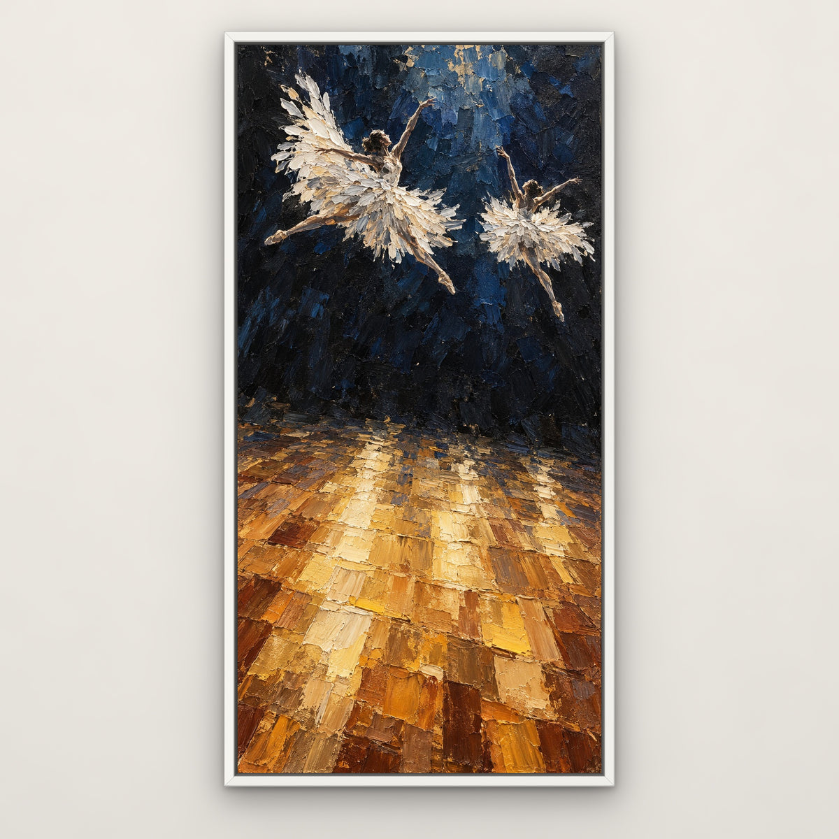 Feathered Ballerina, gold figurative hand-painted canvas wall art in a slim white float frame – Gallery 23