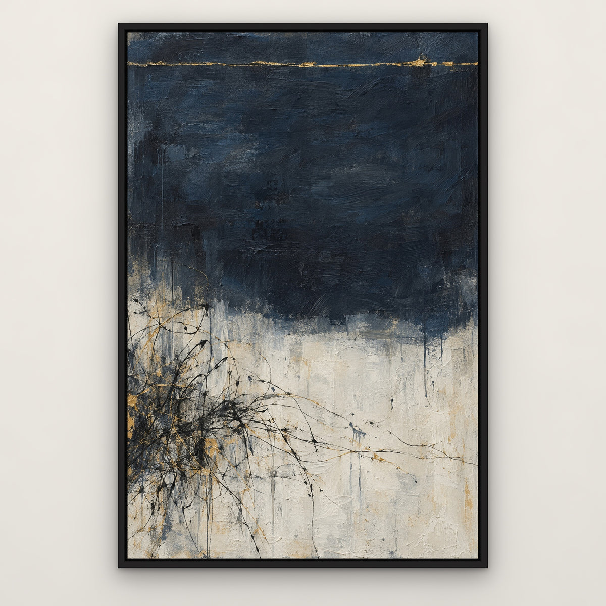 Gilded Sketch, teal abstract hand-painted canvas wall art in a slim black float frame – Gallery 23