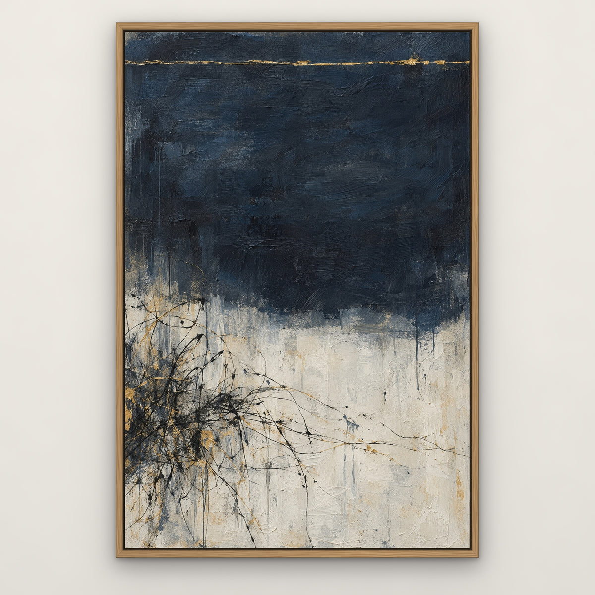 Gilded Sketch, teal abstract hand-painted canvas wall art in a slim oak float frame – Gallery 23