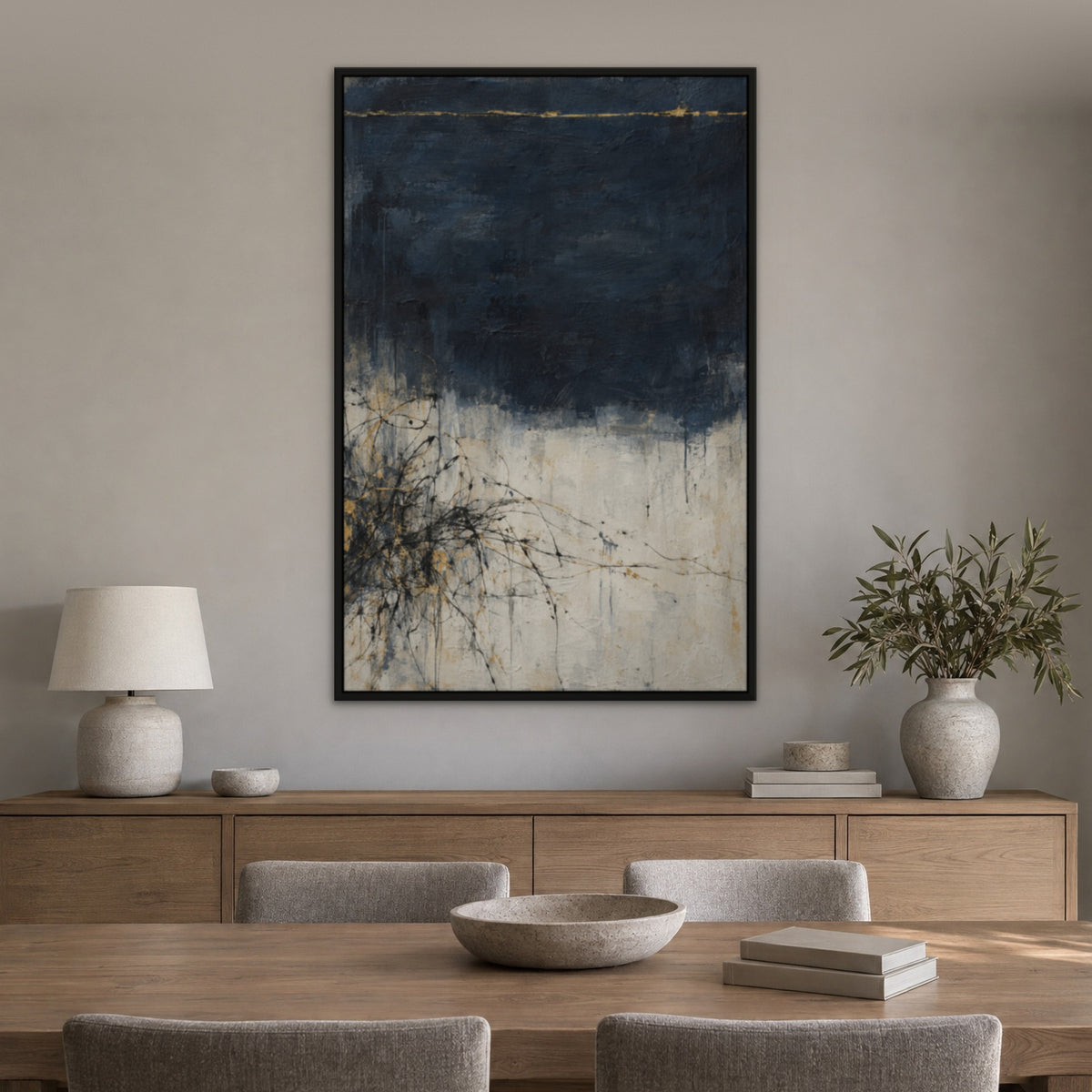 Gilded Sketch, teal abstract hand-painted canvas wall art in a dining room – Gallery 23