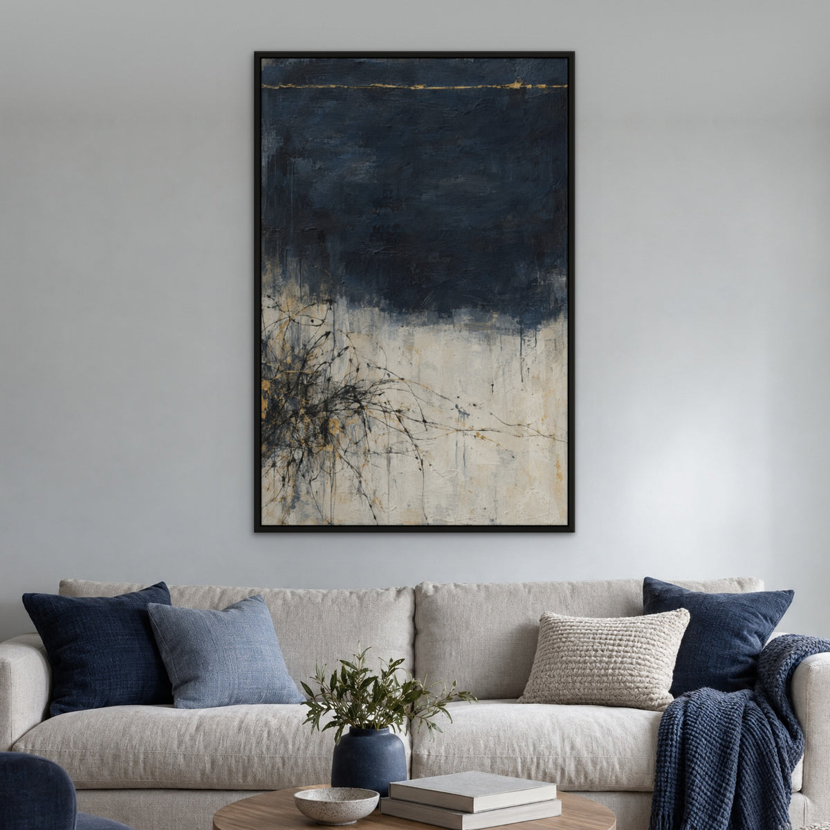 Gilded Sketch, teal abstract hand-painted canvas wall art in a living room – Gallery 23