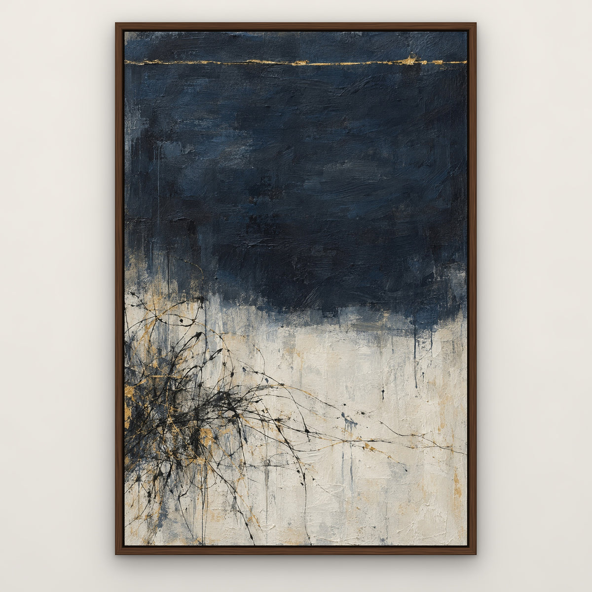 Gilded Sketch, teal abstract hand-painted canvas wall art in a slim walnut float frame – Gallery 23