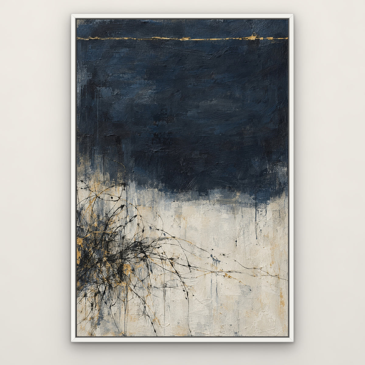 Gilded Sketch, teal abstract hand-painted canvas wall art in a slim white float frame – Gallery 23