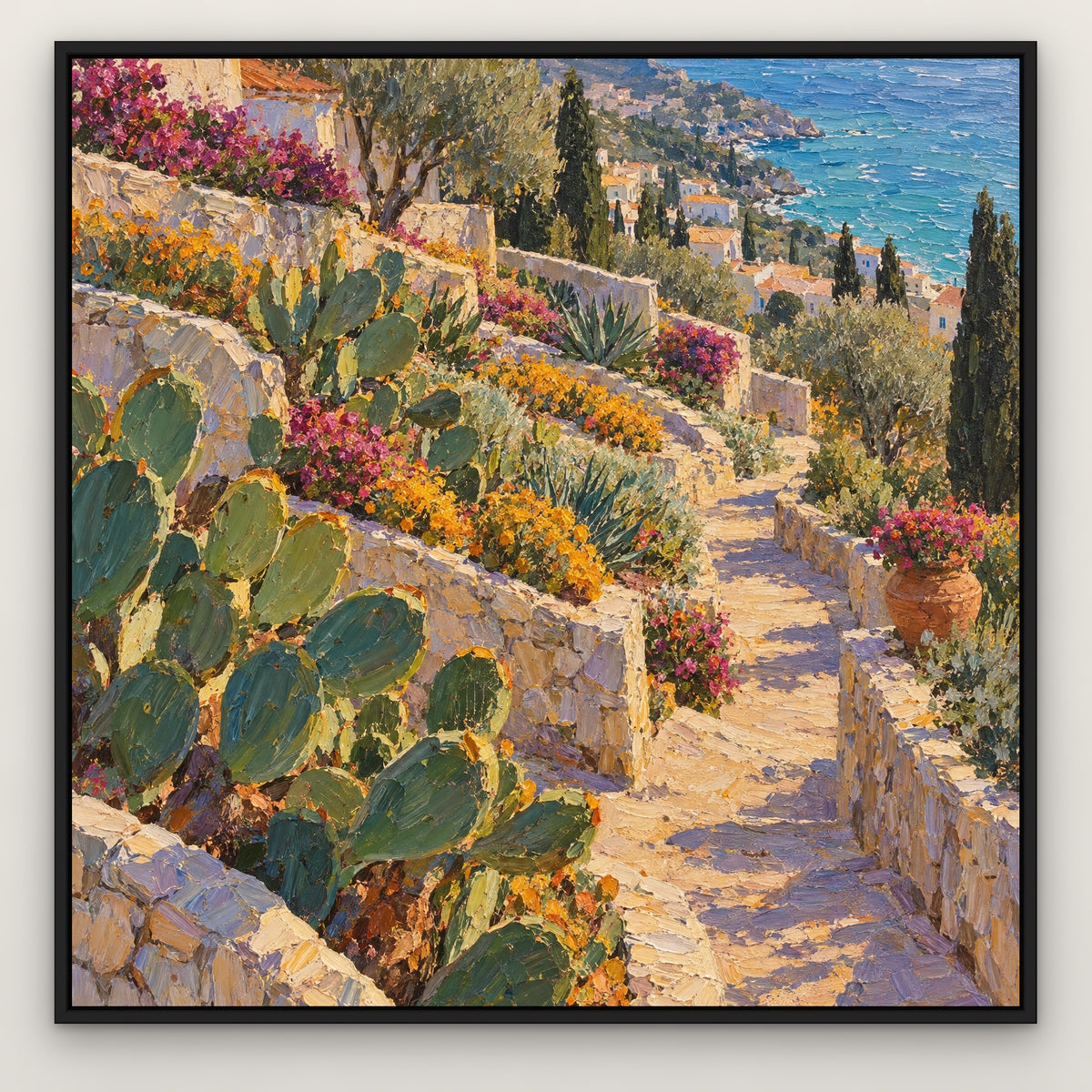 Coastal Cactus Garden, colourful seascape hand-painted canvas wall art in a slim black float frame – Gallery 23