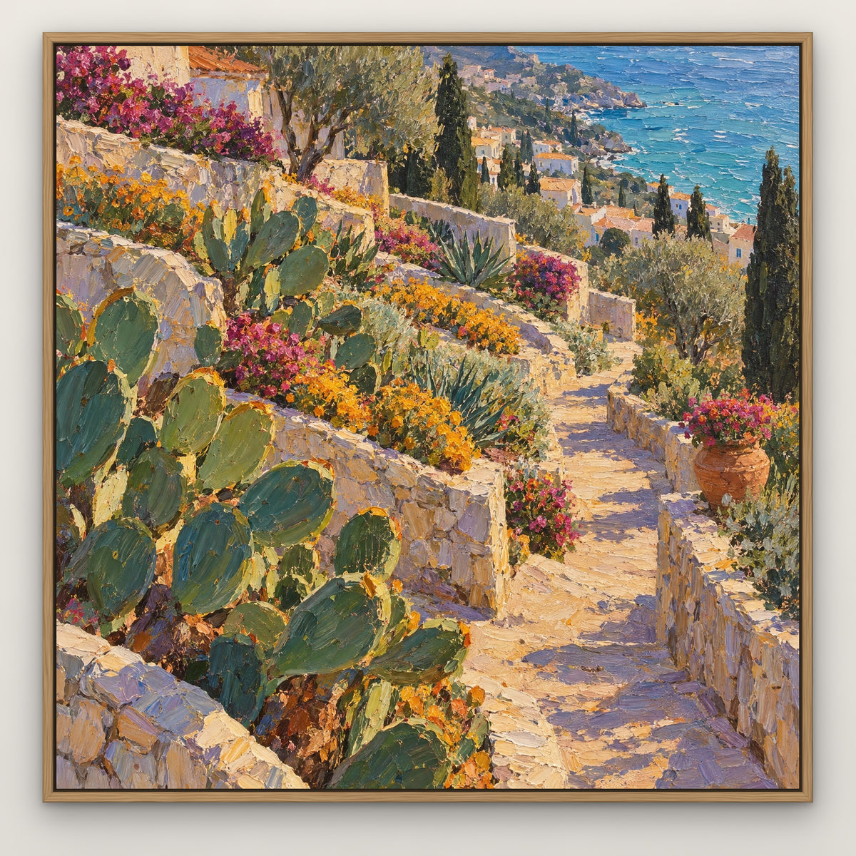 Coastal Cactus Garden, colourful seascape hand-painted canvas wall art in a slim oak float frame – Gallery 23