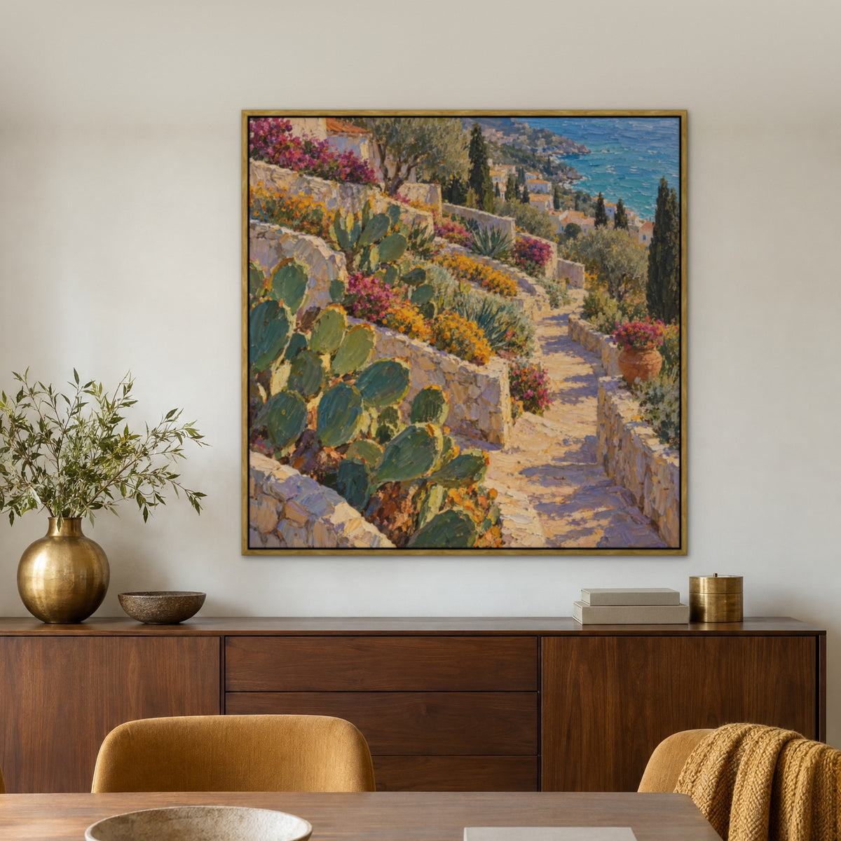 Coastal Cactus Garden, colourful seascape hand-painted canvas wall art in a dining room – Gallery 23