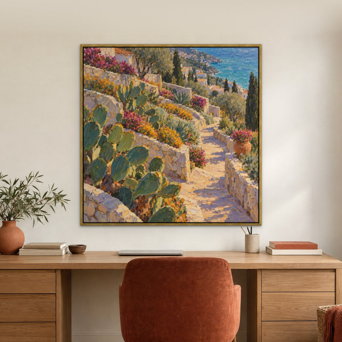 Coastal Cactus Garden, colourful seascape hand-painted canvas wall art in a home office – Gallery 23