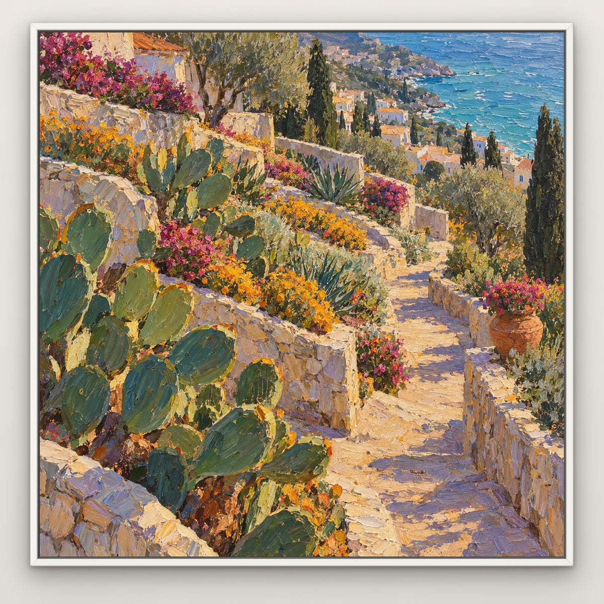 Coastal Cactus Garden, colourful seascape hand-painted canvas wall art in a slim white float frame – Gallery 23