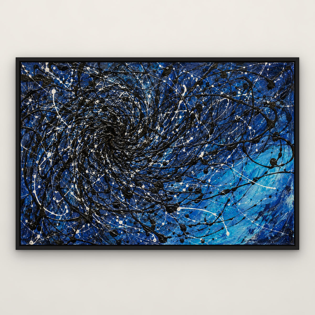 Midnight Tangle, blue abstract hand-painted canvas wall art in a slim black float frame – Gallery 23