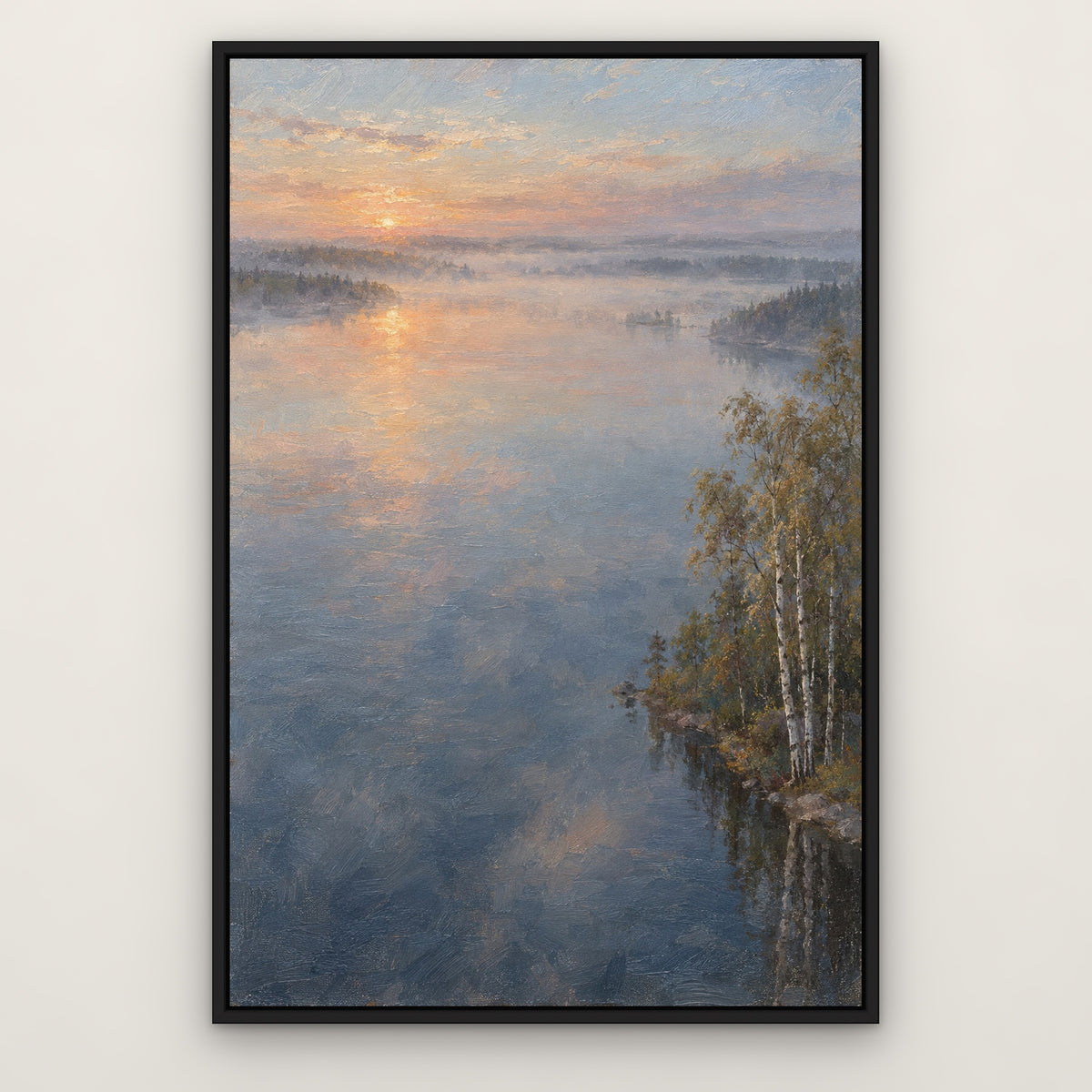 Lakeside Haze, green landscape hand-painted canvas wall art in a slim black float frame – Gallery 23