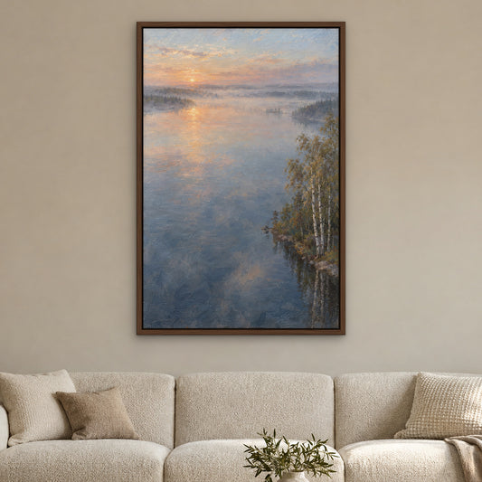 Lakeside Haze, green landscape hand-painted canvas wall art in a living room – Gallery 23