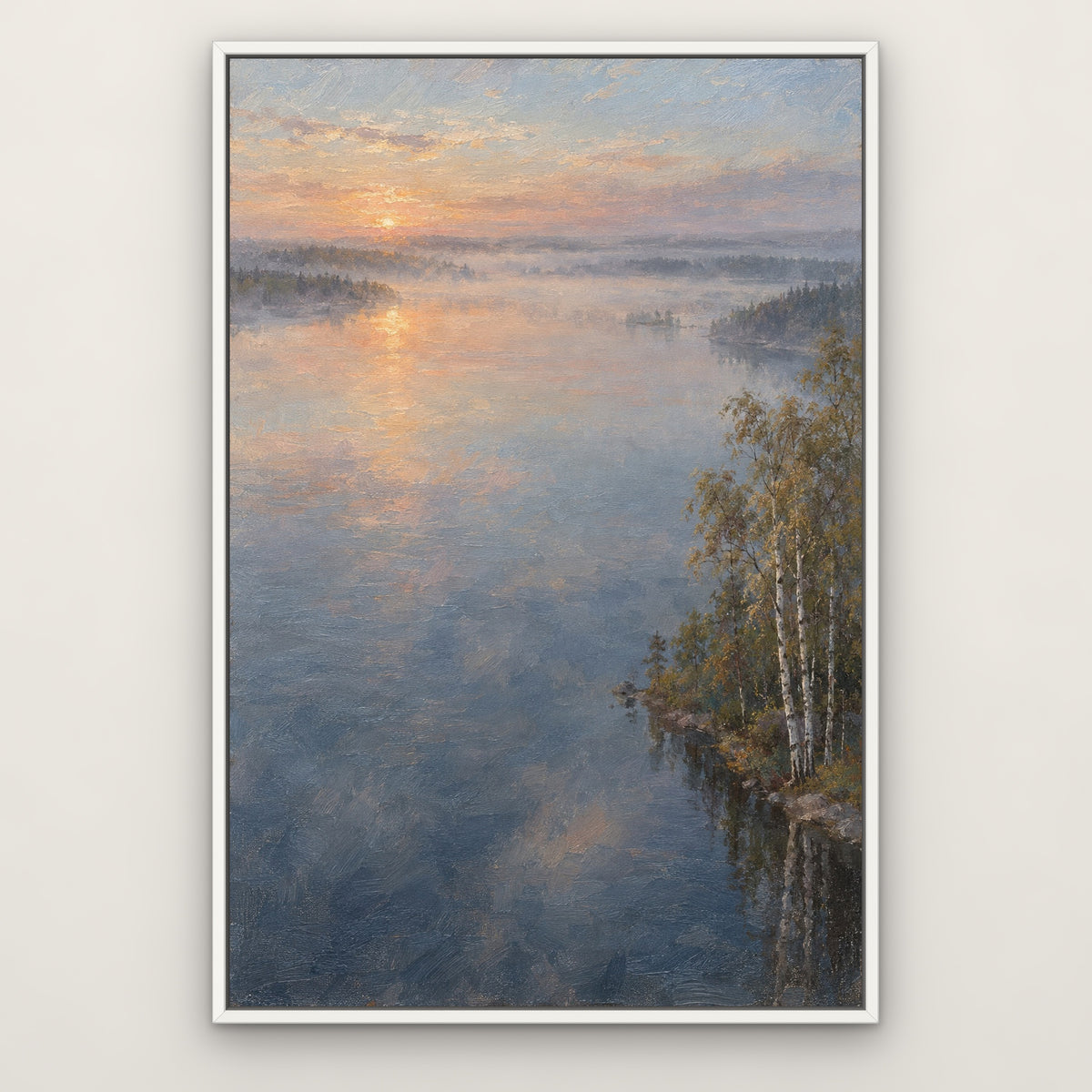 Lakeside Haze, green landscape hand-painted canvas wall art in a slim white float frame – Gallery 23