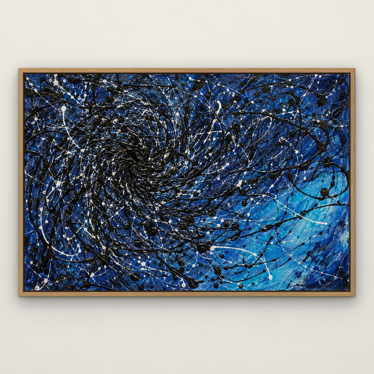 Midnight Tangle, blue abstract hand-painted canvas wall art in a slim oak float frame – Gallery 23