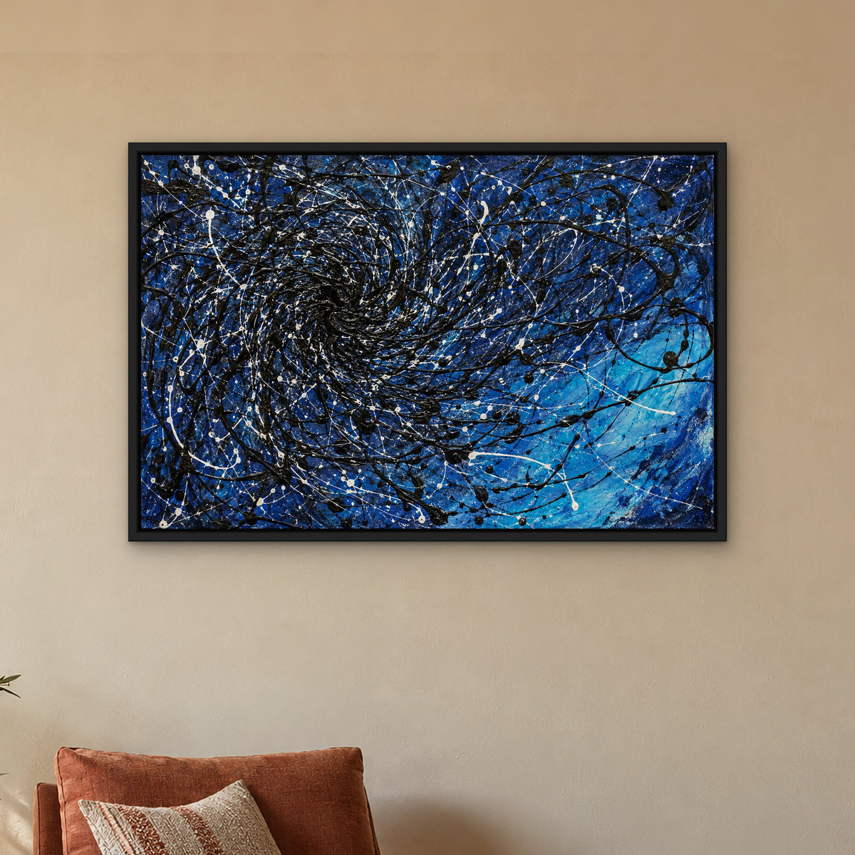 Midnight Tangle, blue abstract hand-painted canvas wall art in a reading corner – Gallery 23