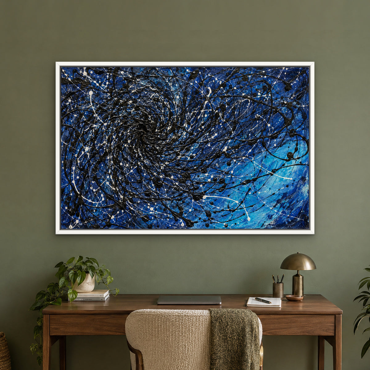 Midnight Tangle, blue abstract hand-painted canvas wall art in a home office – Gallery 23