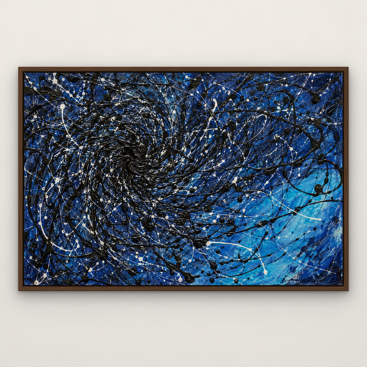 Midnight Tangle, blue abstract hand-painted canvas wall art in a slim walnut float frame – Gallery 23