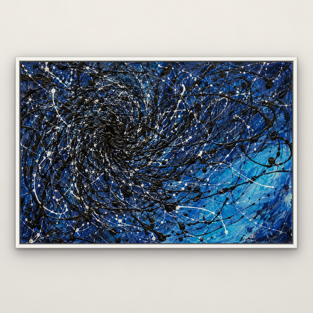 Midnight Tangle, blue abstract hand-painted canvas wall art in a slim white float frame – Gallery 23