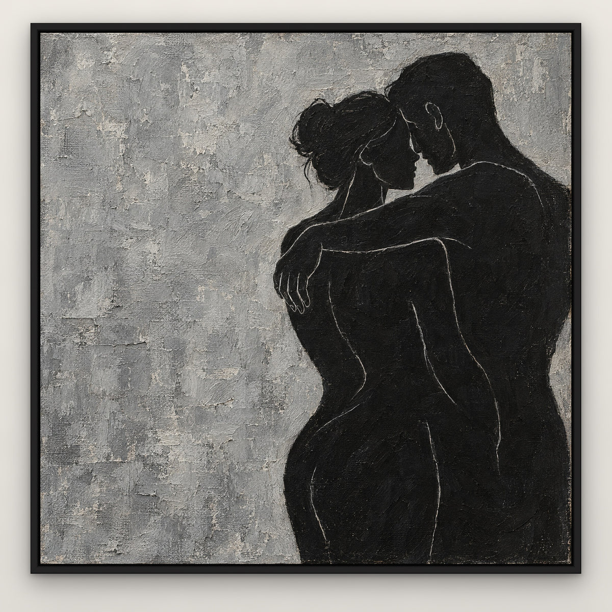 Embrace in Black, black and white abstract hand-painted canvas wall art in a slim black float frame – Gallery 23