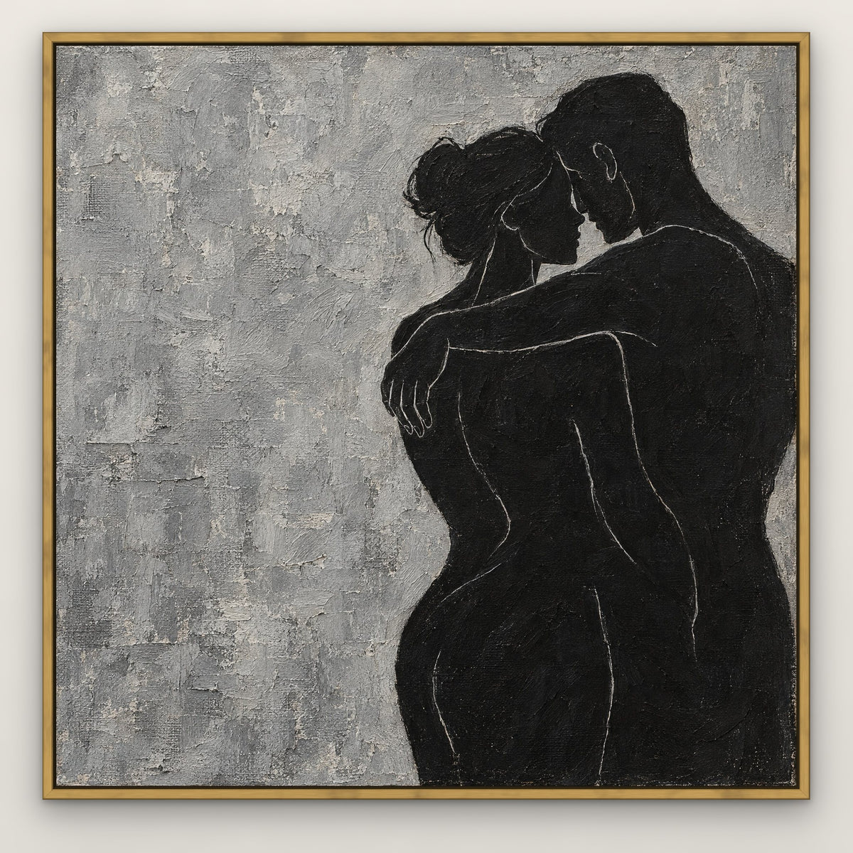 Embrace in Black, black and white abstract hand-painted canvas wall art in a slim antique gold float frame – Gallery 23