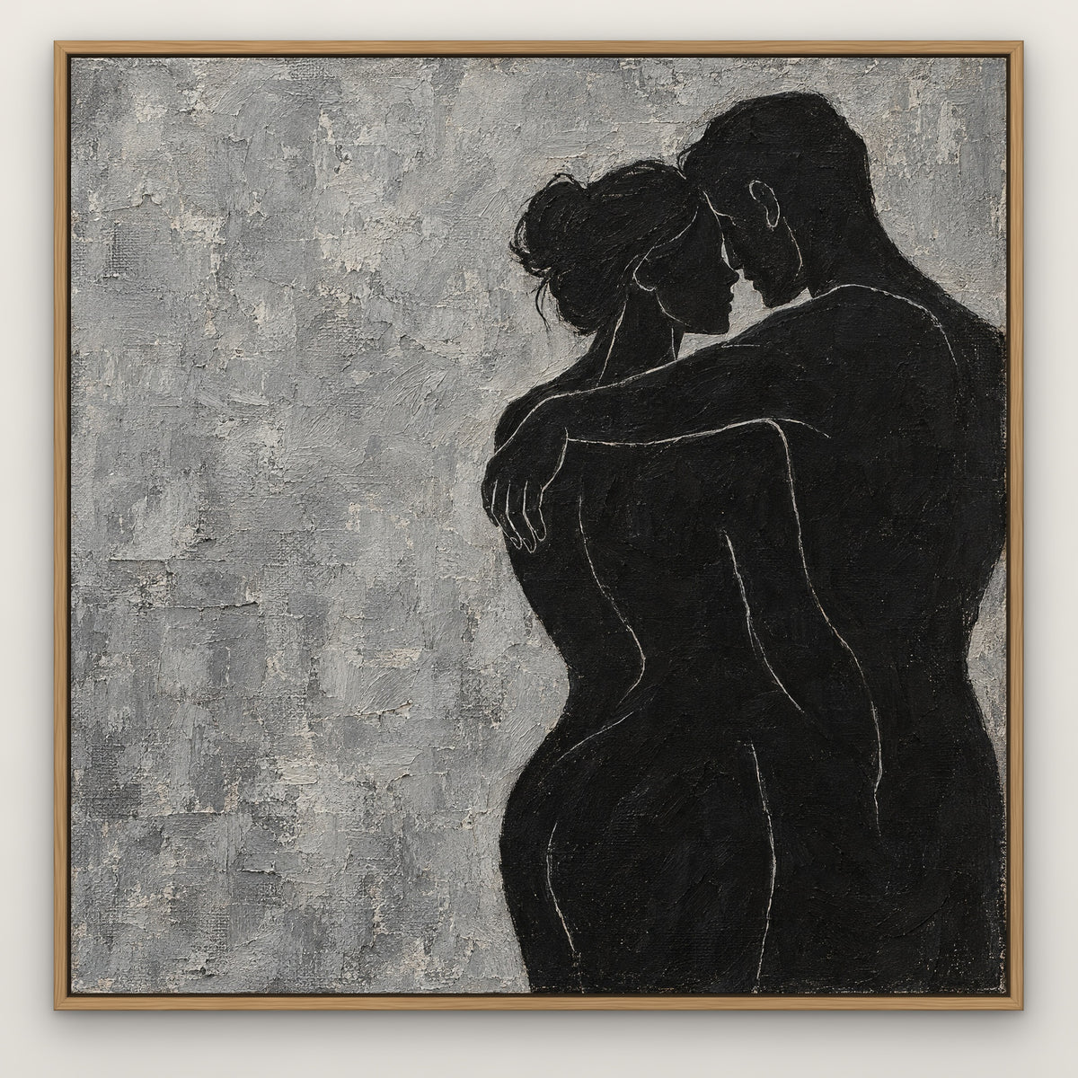 Embrace in Black, black and white abstract hand-painted canvas wall art in a slim oak float frame – Gallery 23