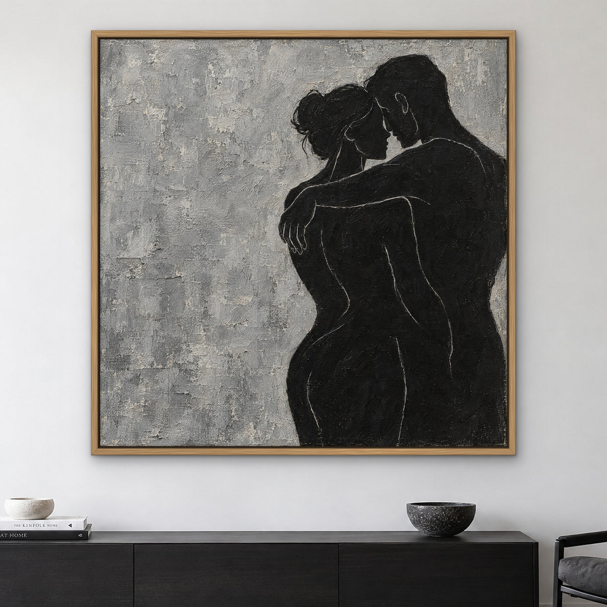 Embrace in Black, black and white abstract hand-painted canvas wall art in a living room – Gallery 23